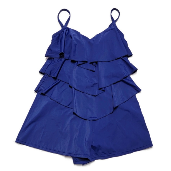 Fit 4 ur Hips Swimsuit Womens 8 Blue 3 Tiered Swim Romper One Piece Built In Bra - Picture 3 of 9